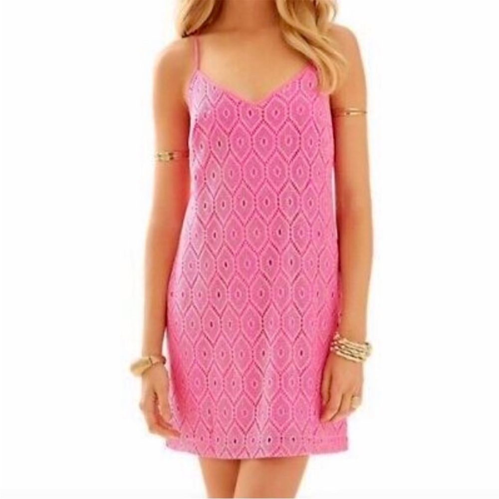 Lilly Pulitzer Dusk Metallic Lace Sleeveless Shift Mini Slip Dress Pop Pink XS